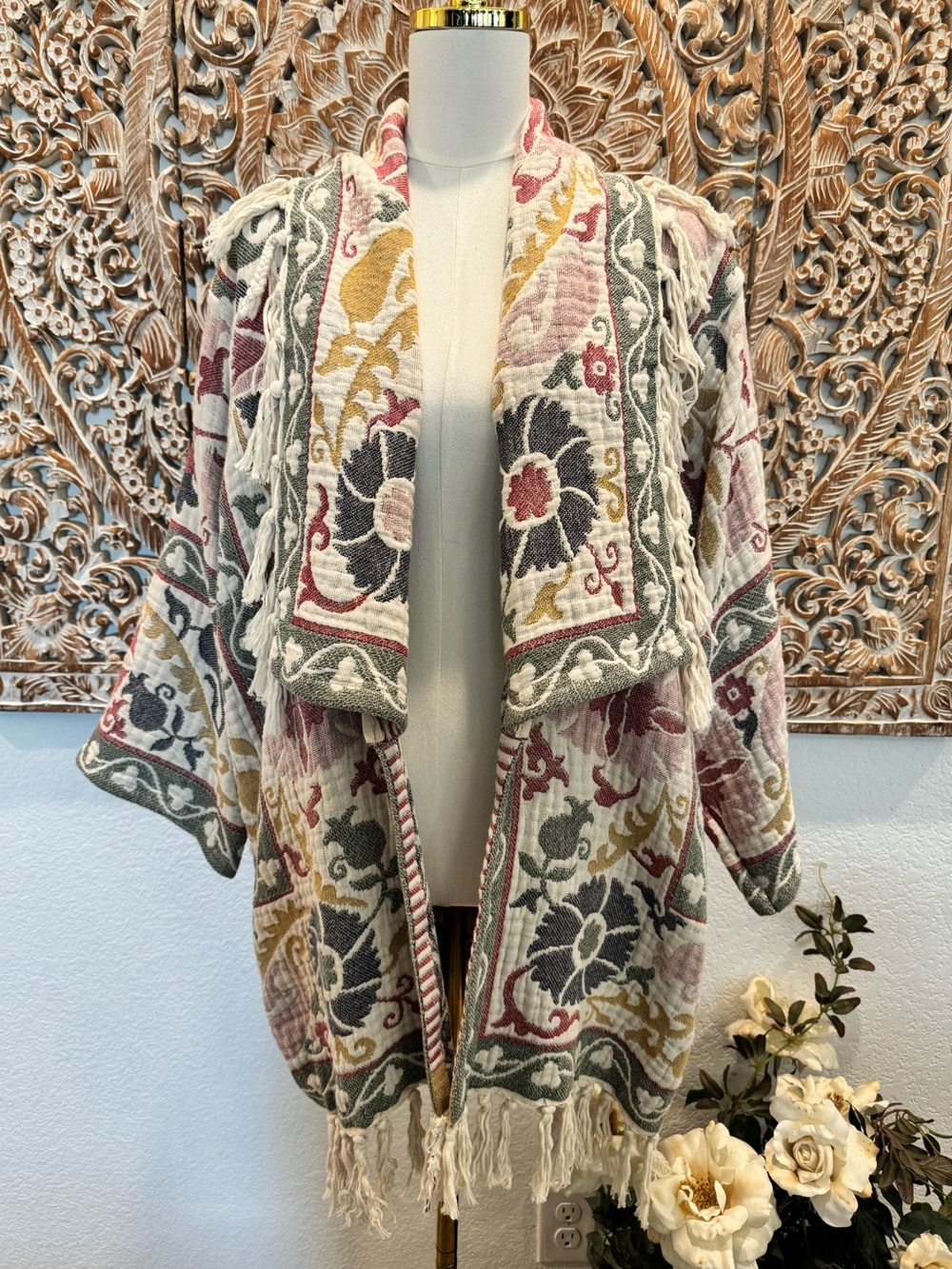 Oversized Floral Fringe Open-Front Women’s Sweater Cardigan - Picture 2 of 16